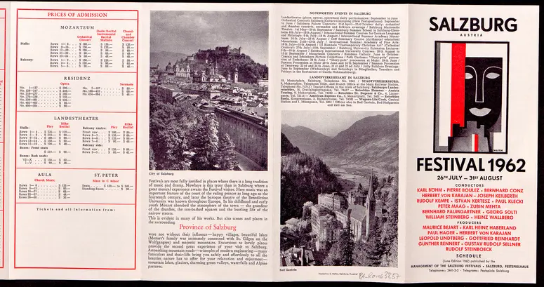 Salzburger Festspiele 1962, Titel in Vorlageform: Salzburg Festival 1962, Verweis auf Stücktitel: Iphigenie in Aulis, Verweis auf Stücktitel: Cosi fan tutte, Verweis auf Stücktitel: Die Entführung aus dem Serail, Verweis auf Stücktitel: Figaros Hochzeit, Verweis auf Stücktitel: Idomeneo, Verweis auf Stücktitel: Der Troubadour, Verweis auf Stücktitel: Jedermann, Verweis auf Stücktitel: Faust, Verweis auf Stücktitel: Lumpazivagabundus, Verweis auf Stücktitel: Der Bauer als Millionär