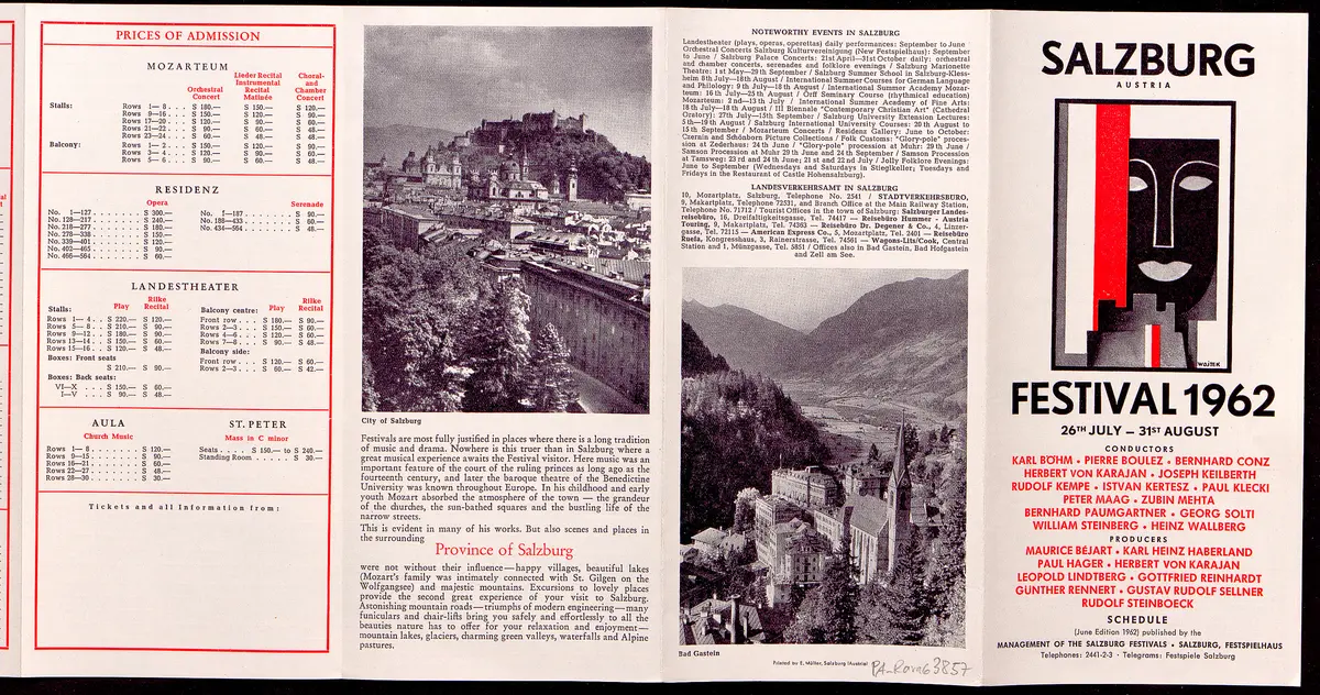 Salzburger Festspiele 1962, Titel in Vorlageform: Salzburg Festival 1962, Verweis auf Stücktitel: Iphigenie in Aulis, Verweis auf Stücktitel: Cosi fan tutte, Verweis auf Stücktitel: Die Entführung aus dem Serail, Verweis auf Stücktitel: Figaros Hochzeit, Verweis auf Stücktitel: Idomeneo, Verweis auf Stücktitel: Der Troubadour, Verweis auf Stücktitel: Jedermann, Verweis auf Stücktitel: Faust, Verweis auf Stücktitel: Lumpazivagabundus, Verweis auf Stücktitel: Der Bauer als Millionär