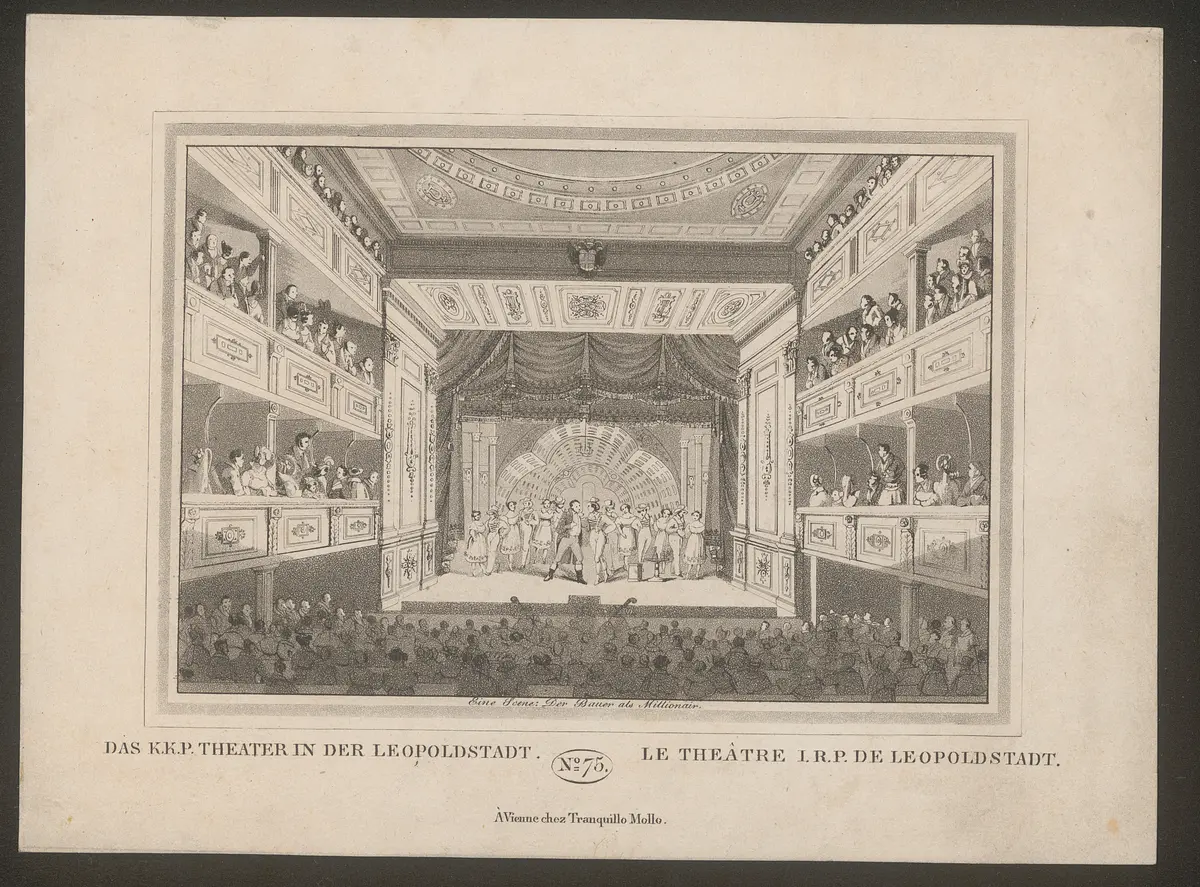 Wien, Theater in der Leopoldstadt, Titel in Vorlageform: Das K.K.P. Theater in der Leopoldstadt / Le Théâtre I.R.P. de Leopoldstadt, Verweis auf Stücktitel: Das Mädchen aus der Feenwelt oder Der Bauer als Millionär
