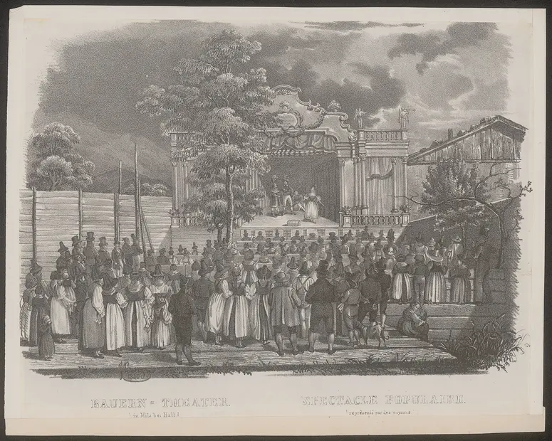 Mils bei Hall, Bauern-Theater, Titel in Vorlageform: Bauern-Theater in Mils bei Hall / Spectacle populaire reprêsenté par des paysans