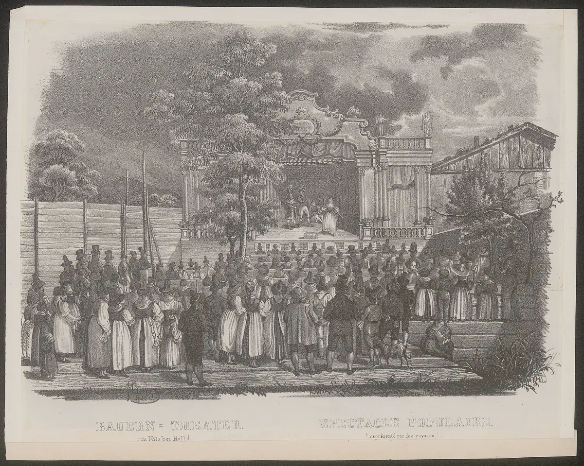 Mils bei Hall, Bauern-Theater, Titel in Vorlageform: Bauern-Theater in Mils bei Hall / Spectacle populaire reprêsenté par des paysans