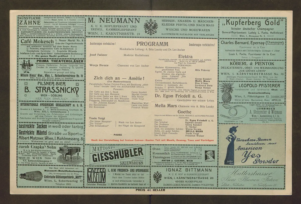 Kabarett Fledermaus, Titel in Vorlageform: Fledermaus Theater und Cabaret, Verweis auf Stücktitel: Zieh dich an - Amélie!, Verweis auf Stücktitel: Elektra, Verweis auf Stücktitel: Goethe