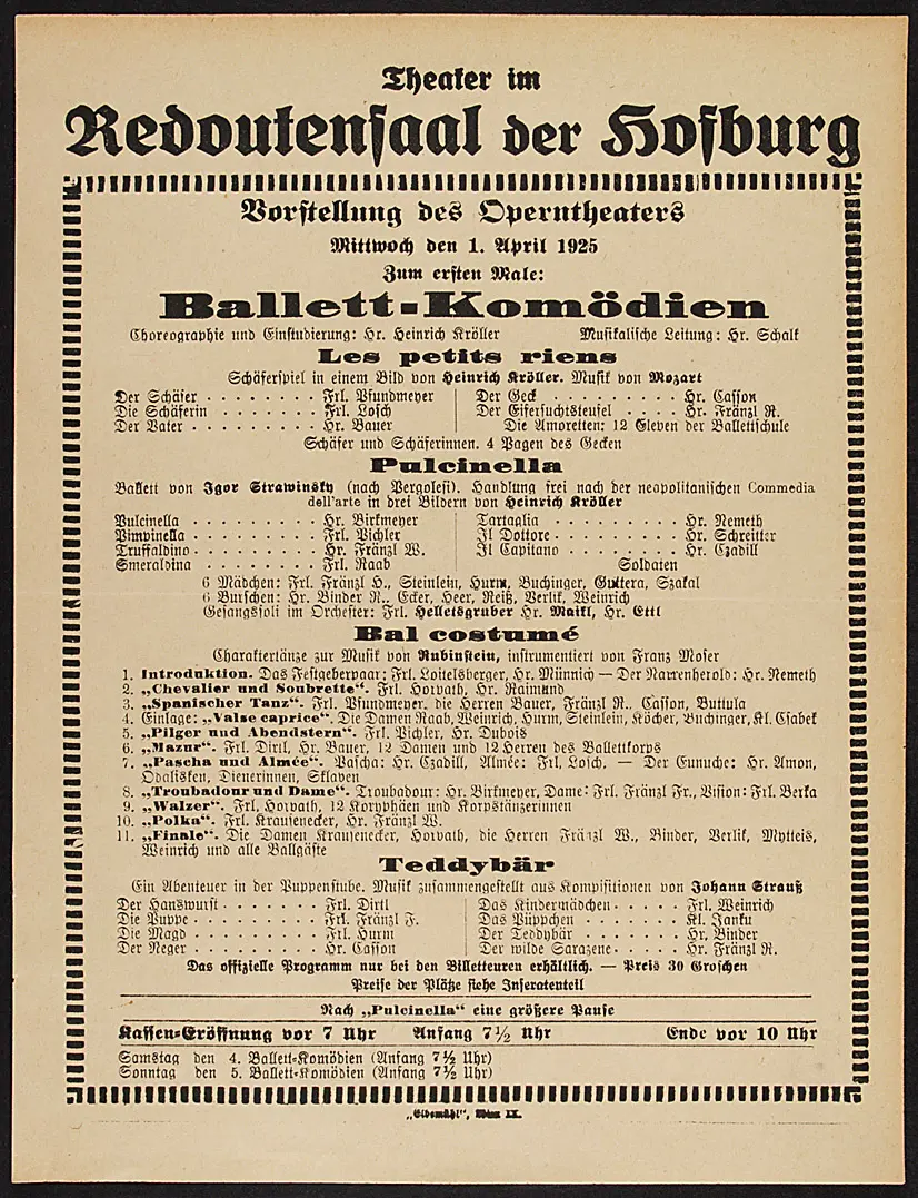 Ballett-Komödien, Les petits riens, Pulcinella, Bal costumé, Teddybär