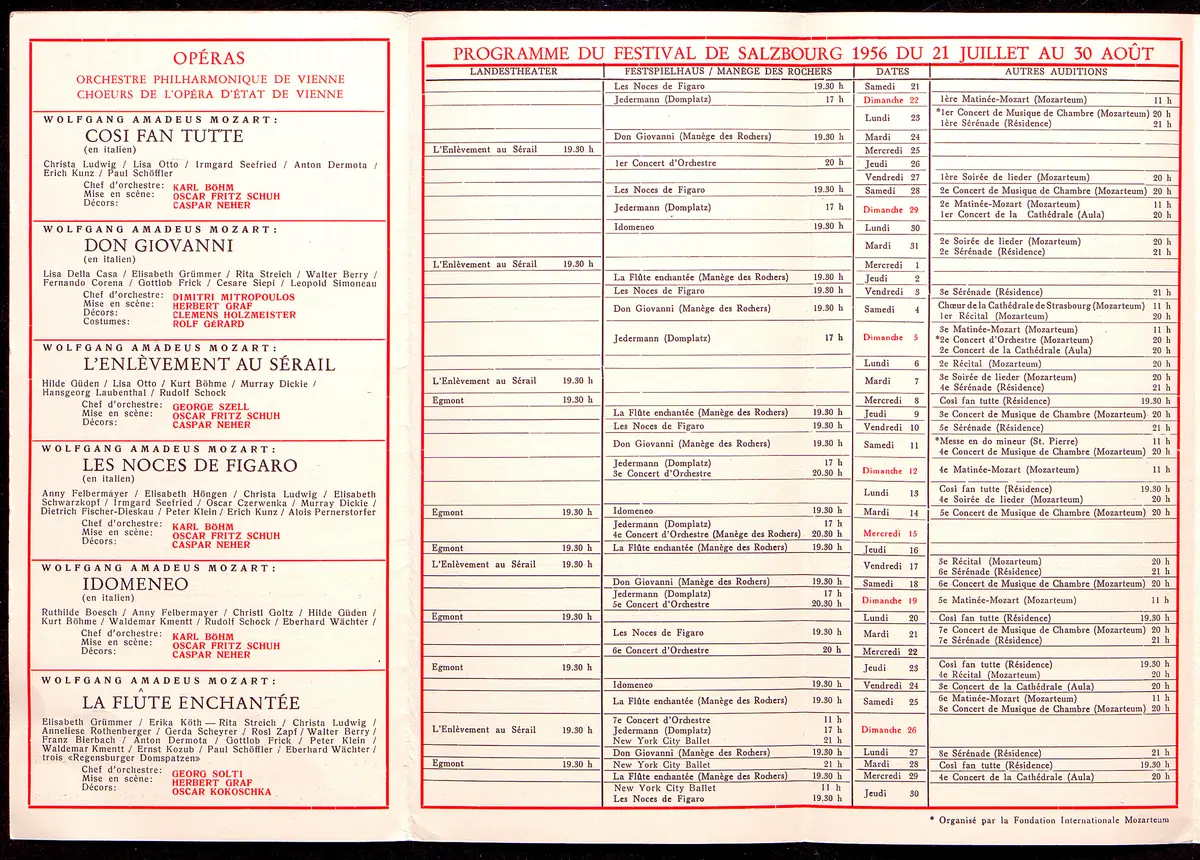 Salzburger Festspiele 1956, Titel in Vorlageform: Salzbourg Festival 1956, Verweis auf Stücktitel: Cosi fan tutte, Verweis auf Stücktitel: Don Giovanni, Verweis auf Stücktitel: Entführung aus dem Serail, Figaros Hochzeit, Verweis auf Stücktitel: Idomeneo, Verweis auf Stücktitel: Zauberflöte, Verweis auf Stücktitel: Jedermann, Verweis auf Stücktitel: Egmont