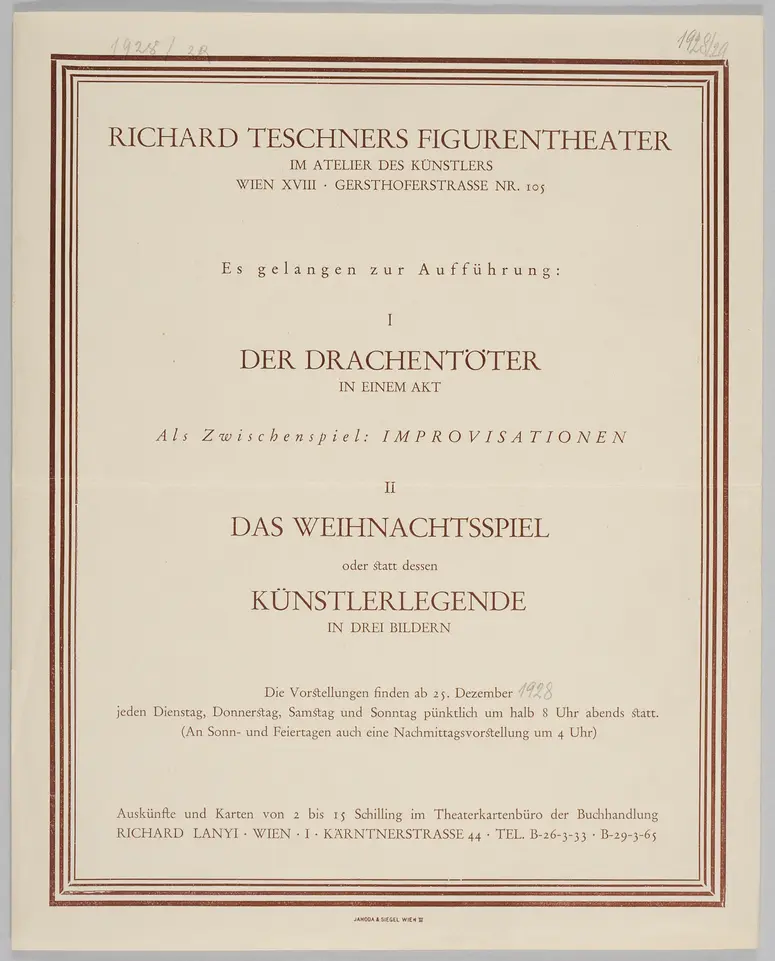 Richard Teschners Figurentheater, Verweis auf Stücktitel: Künstlerlegende, Verweis auf Stücktitel: Der Drachentöter, Verweis auf Stücktitel: Weihnachtsspiel