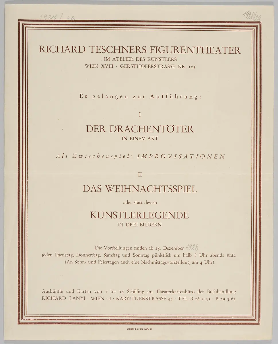 Richard Teschners Figurentheater, Verweis auf Stücktitel: Künstlerlegende, Verweis auf Stücktitel: Der Drachentöter, Verweis auf Stücktitel: Weihnachtsspiel