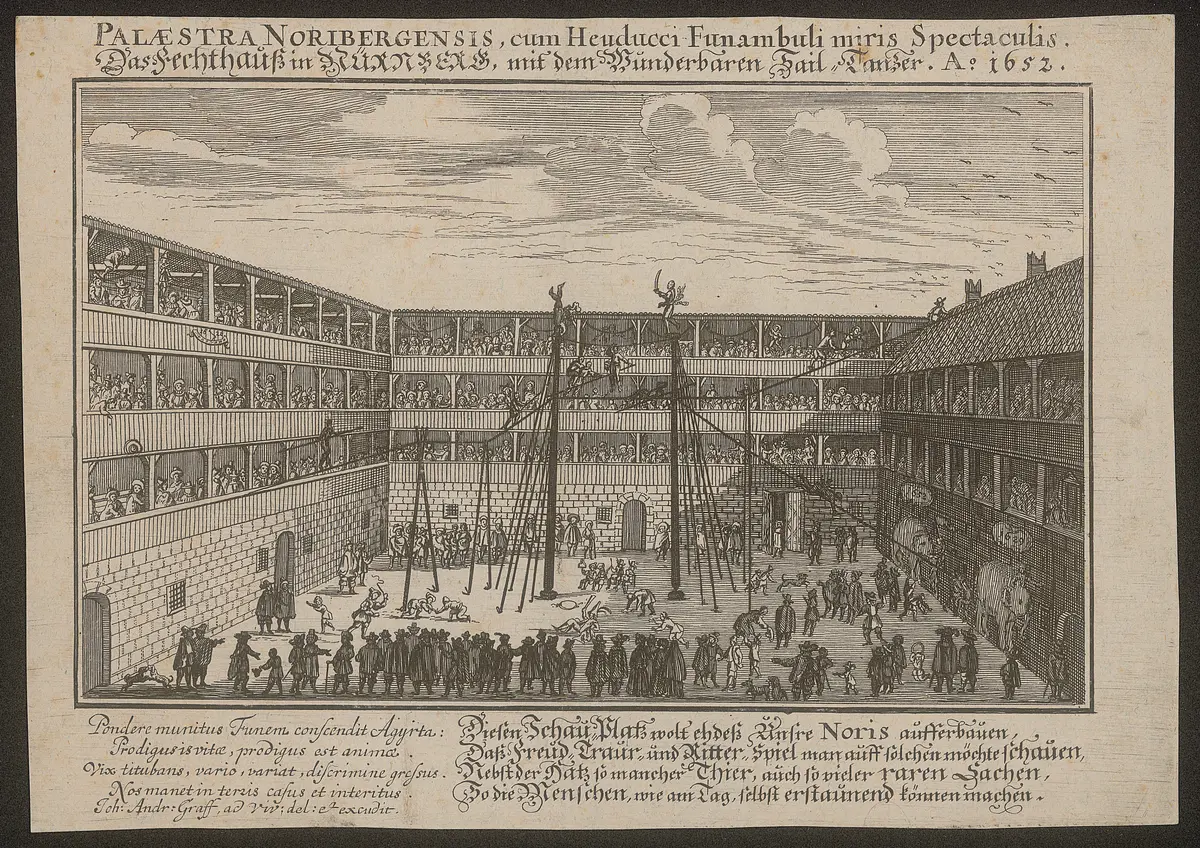 Nürnberg, Fechthaus, Titel in Vorlageform: Palaestra Noribergensis cum Heuducci Funambuli miris spectaculis. / Das Fecht hauß in Nürnberg, mit dem Wunderbaren Sail-Tanzer. Ao. 1652.