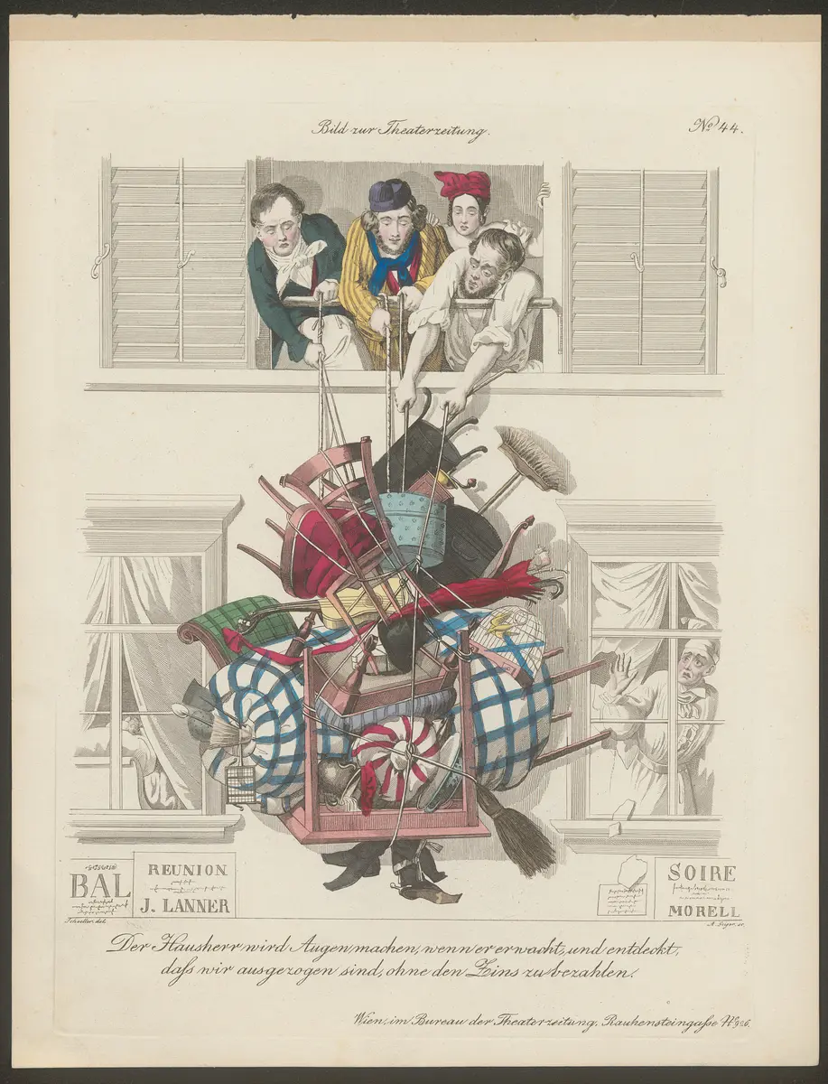 Der Hausherr wird Augen machen, wenn er erwacht, und entdeckt, dass wir ausgezogen sind, ohne den Zins zu bezahlen., Titel der Serie: Wiener Scene, Name der Zeitschrift: Wiener Theaterzeitung