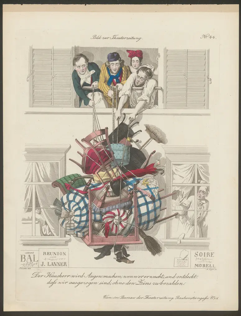 Der Hausherr wird Augen machen, wenn er erwacht, und entdeckt, dass wir ausgezogen sind, ohne den Zins zu bezahlen., Titel der Serie: Wiener Scene, Name der Zeitschrift: Wiener Theaterzeitung