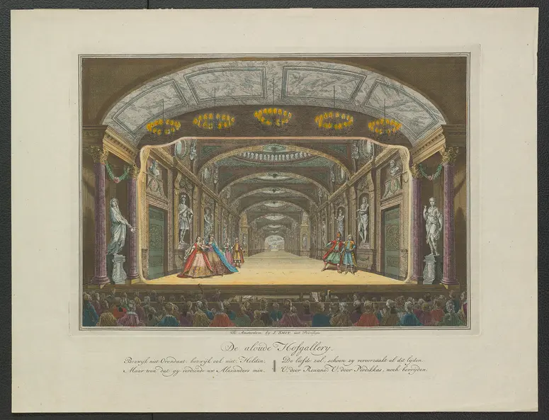 ohne Titel, Titel in Vorlageform: De aloude Hofgallery (Die alte Hofgalerie), Titel der Serie: Toneeldecors van de Amsterdamse Schouwburg (Theaterdekorationen der Amsterdamer Schauburg), Verweis auf Stücktitel: Het huwelijk van Orondates en Statira