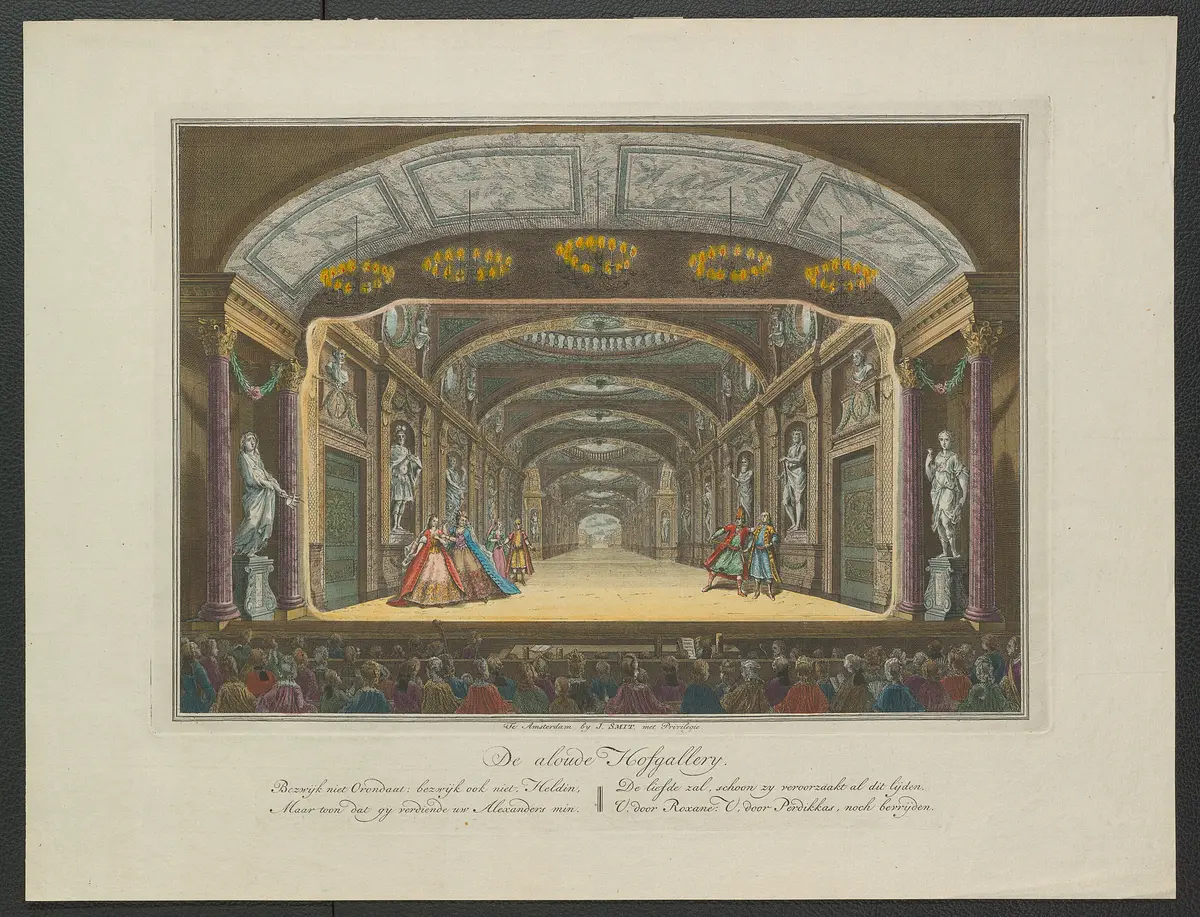 ohne Titel, Titel in Vorlageform: De aloude Hofgallery (Die alte Hofgalerie), Titel der Serie: Toneeldecors van de Amsterdamse Schouwburg (Theaterdekorationen der Amsterdamer Schauburg), Verweis auf Stücktitel: Het huwelijk van Orondates en Statira