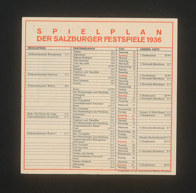 Salzburger Festspiele 1936, Titel in Vorlageform: Salzburg Festival 1936, Verweis auf Stücktitel: Cosi fan tutte, Verweis auf Stücktitel: Der Corregidor, Verweis auf Stücktitel: Don Giovanni, Verweis auf Stücktitel: Falstaff, Verweis auf Stücktitel: Fidelio, Verweis auf Stücktitel: Figaros Hochzeit, Verweis auf Stücktitel: Die Meistersinger von Nürnberg, Verweis auf Stücktitel: Orpheus und Eurydike, Verweis auf Stücktitel: Tristan und Isolde, Verweis auf Stücktitel: Jedermann, Verweis auf Stücktitel: Faust
