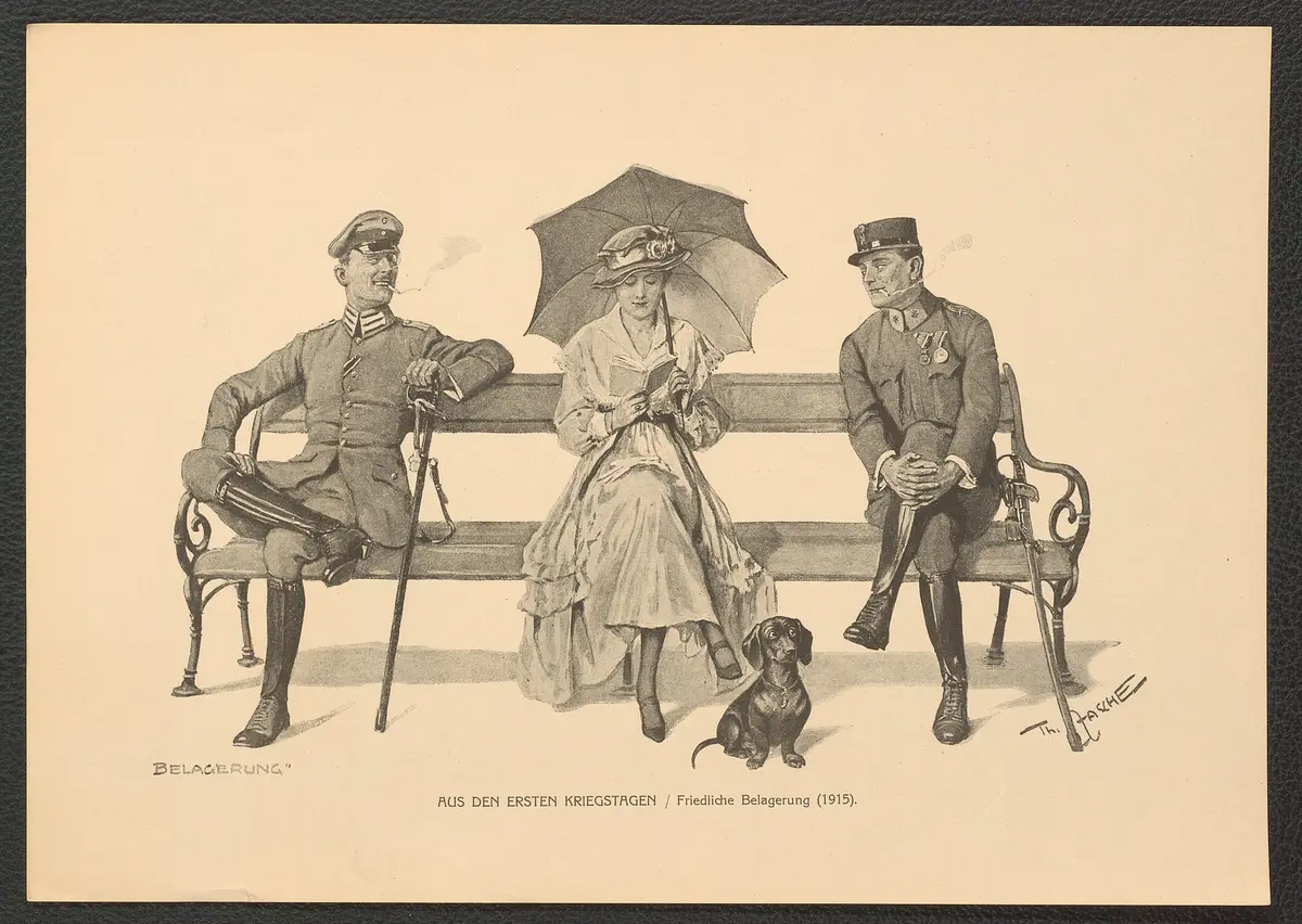 Aus den ersten Kriegstagen. (Friedliche Belagerung, 1915), Titel der Serie: Theo Zasche's Lachendes Wien
