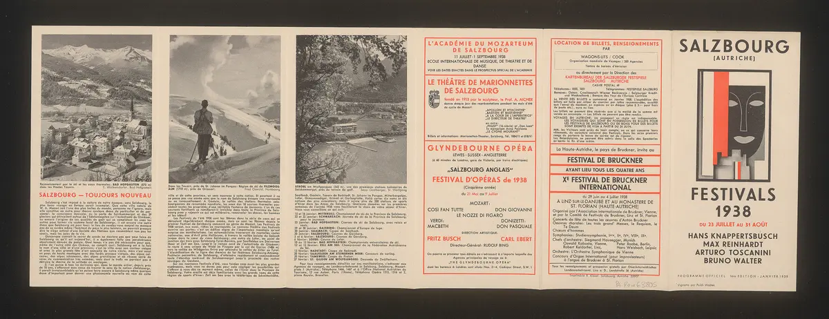 Salzburger Festspiele 1938, Titel in Vorlageform: Salzbourg Festivals 1938, Verweis auf Stücktitel: Cosi fan tutte, Verweis auf Stücktitel: Don Giovanni, Verweis auf Stücktitel: Falstaff, Verweis auf Stücktitel: Fidelio, Verweis auf Stücktitel: Die Meistersinger von Nürnberg, Verweis auf Stücktitel: Le nozze di figaro, Verweis auf Stücktitel: Orpheus und Eurydike, Verweis auf Stücktitel: Der Rosenkavalier, Verweis auf Stücktitel: Tannhäuser, Verweis auf Stücktitel: Die Zauberflöte, Verweis auf Stücktitel: Jedermann, Verweis auf Stücktitel: Faust