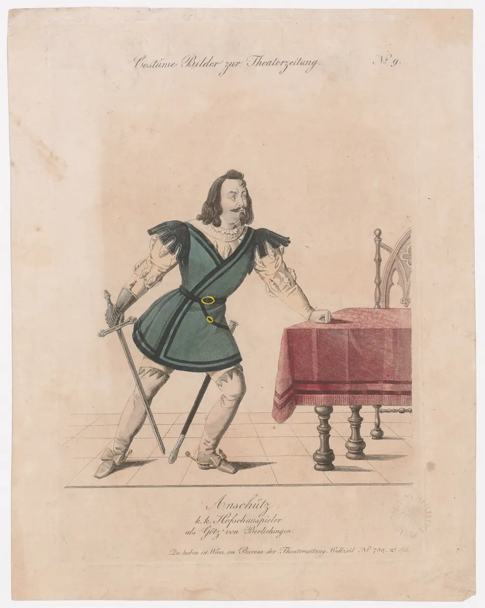 Heinrich Anschütz, Titel der Serie: Costume-Bild, Name der Zeitschrift: Wiener Theaterzeitung, Verweis auf Stücktitel: Götz von Berlichingen
