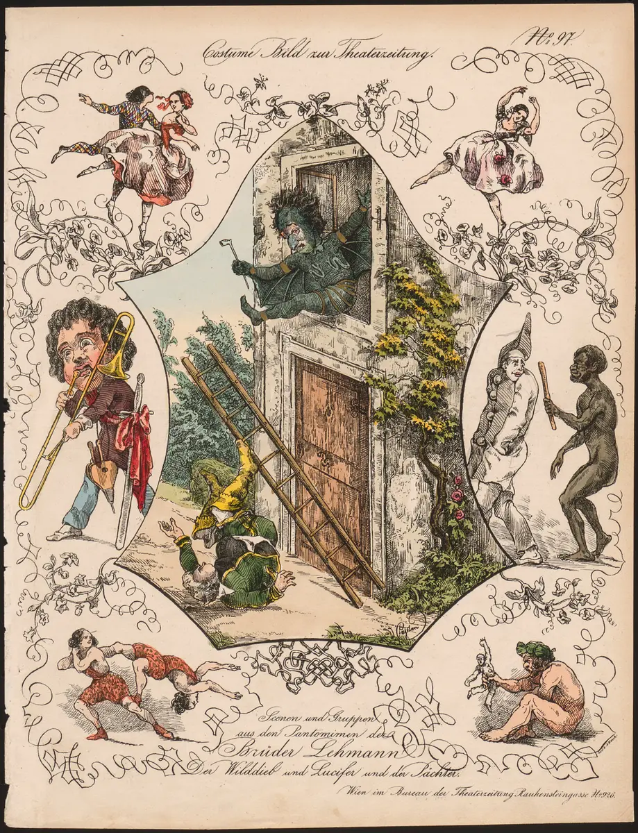Der Wilddieb, Lucifer, Der Pächter, Titel in Vorlageform: Scenen und Gruppen aus den Pantomimen der Brüder Lehmann, Titel der Serie: Costume-Bild, Name der Zeitschrift: Wiener Theaterzeitung
