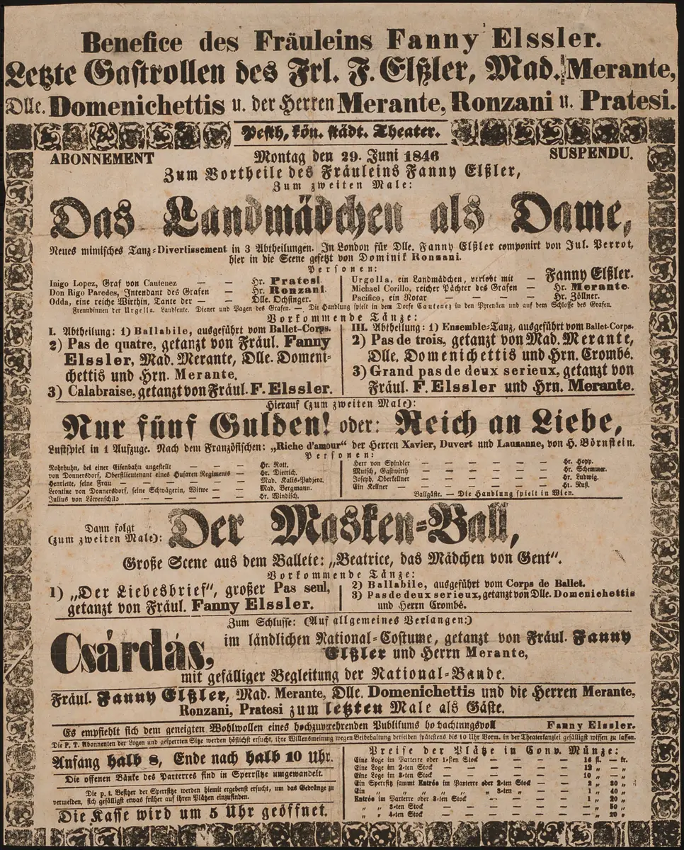 Das Landmädchen als Dame, Nur fünf Gulden! oder: Reich an Liebe, Beatrice, das Mädchen von Gent, Der Maskenball, Csárdás