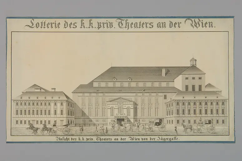 Wien, Theater an der Wien, Titel in Vorlageform: Lotterie des k.k. Theaters an der Wien, Titel in Vorlageform: Ansicht des k.k. privat. Theaters an der Wien von der Jägergasse