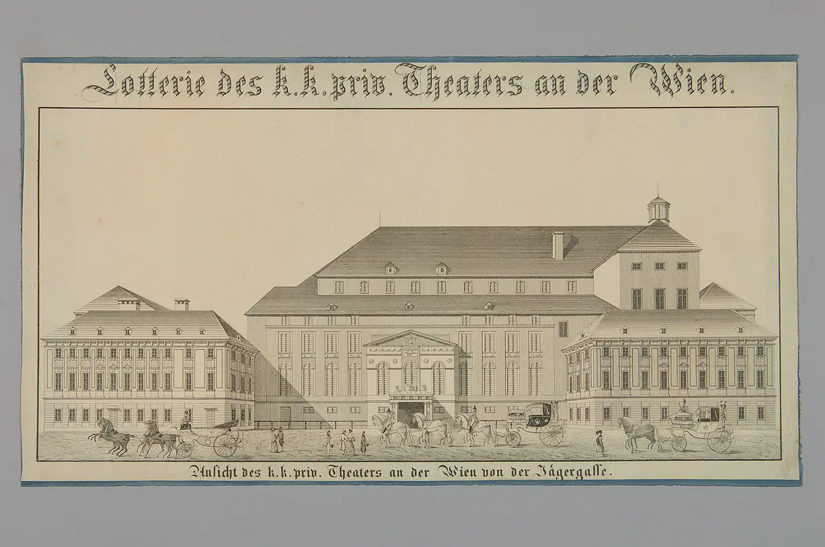 Wien, Theater an der Wien, Titel in Vorlageform: Lotterie des k.k. Theaters an der Wien, Titel in Vorlageform: Ansicht des k.k. privat. Theaters an der Wien von der Jägergasse