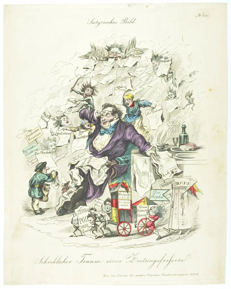 Schrecklicher Traum eines Zeitungsfressers, Titel der Serie: Satyrisches Bild, Name der Zeitschrift: Wiener Theaterzeitung