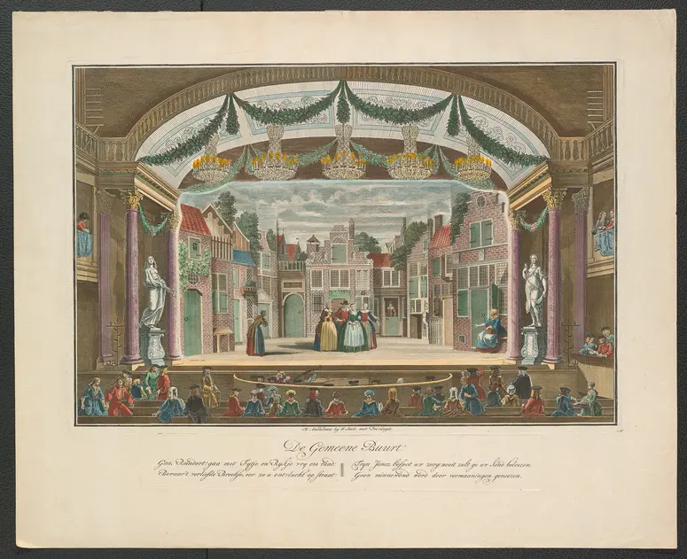 ohne Titel, Titel in Vorlageform: De Gemeene Buurt (Marktplatz), Titel der Serie: Toneeldecors van de Amsterdamse Schouwburg (Theaterdekorationen der Amsterdamer Schauburg), Verweis auf Stücktitel: Het verliefde Brechje (Die verliebte Brechje)