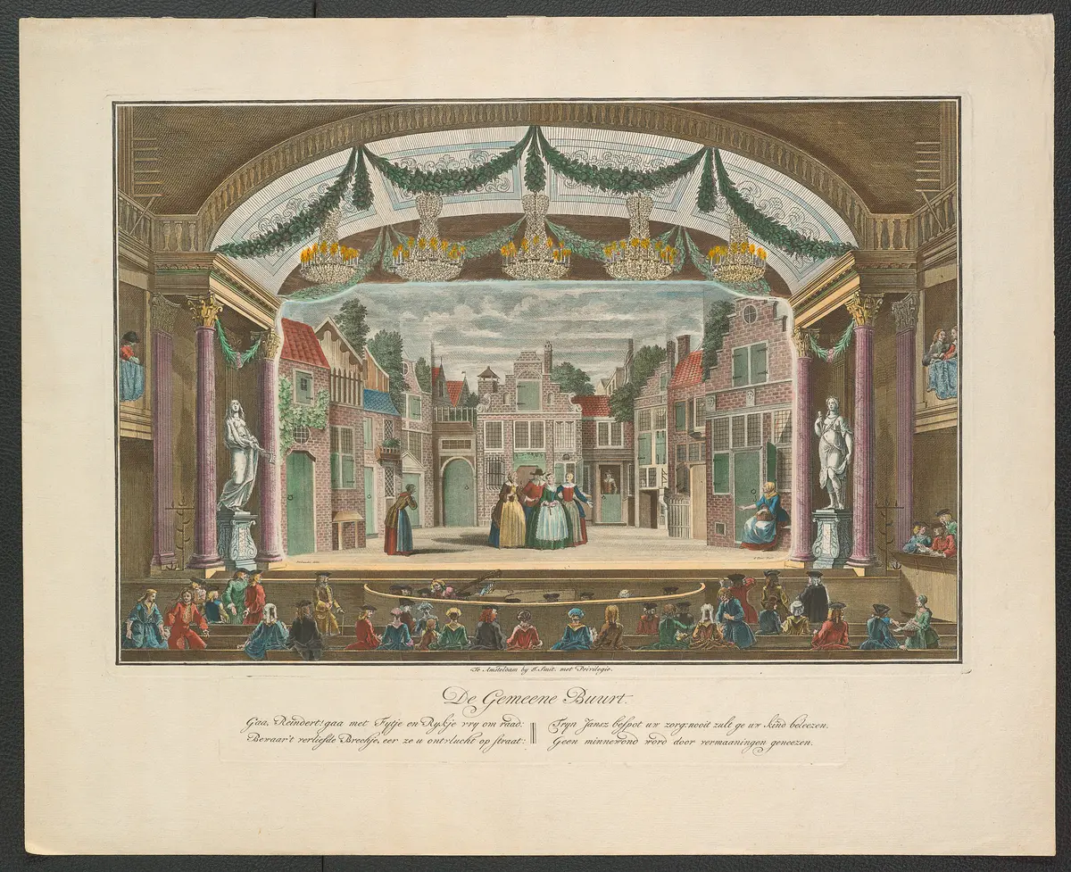 ohne Titel, Titel in Vorlageform: De Gemeene Buurt (Marktplatz), Titel der Serie: Toneeldecors van de Amsterdamse Schouwburg (Theaterdekorationen der Amsterdamer Schauburg), Verweis auf Stücktitel: Het verliefde Brechje (Die verliebte Brechje)