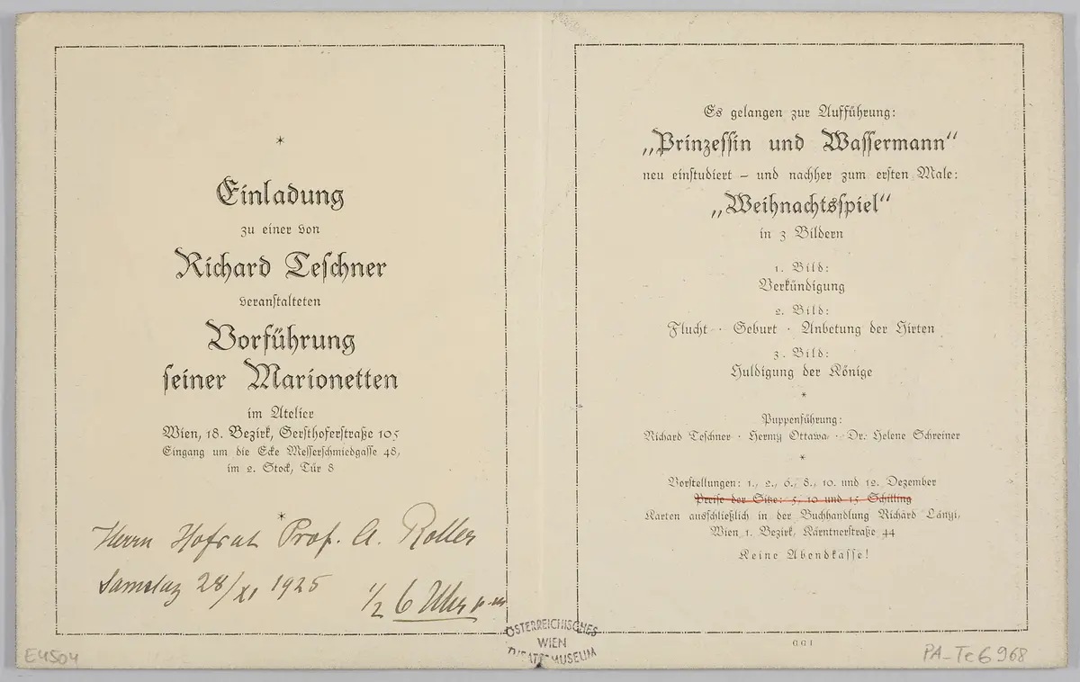 Richard Teschners Figurentheater, Titel in Vorlageform: Einladung zu einer von Richard Teschner veranstalteten Vorführung seiner Marionetten, Verweis auf Stücktitel: Prinzessin und Wassermann, Verweis auf Stücktitel: Weihnachtsspiel