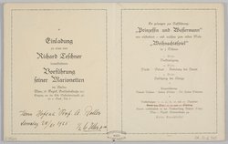 Richard Teschners Figurentheater, Titel in Vorlageform: Einladung zu einer von Richard Teschner veranstalteten Vorführung seiner Marionetten, Verweis auf Stücktitel: Prinzessin und Wassermann, Verweis auf Stücktitel: Weihnachtsspiel