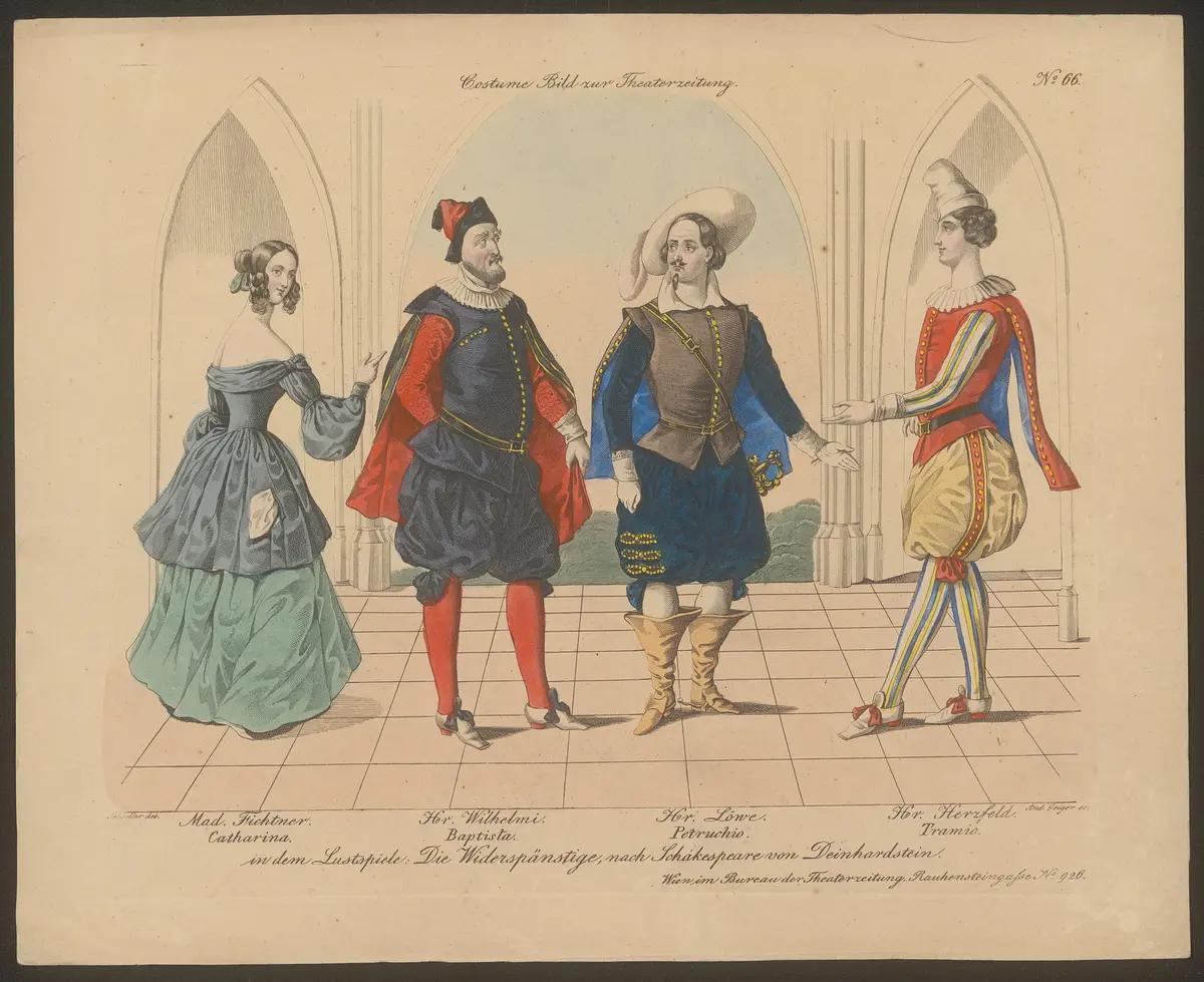 Die Widerspänstige, Alternativtitel: Die Widerspenstige, Alternativtitel: Der Widerspenstigen Zähmung (The Taming of the Shrew), Titel der Serie: Costume-Bild, Name der Zeitschrift: Wiener Theaterzeitung