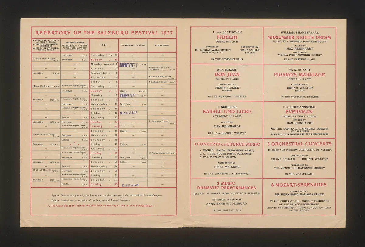 Salzburger Festspiele 1927, Titel in Vorlageform: Salzburg Festival 1927, Verweis auf Stücktitel: Fidelio, Verweis auf Stücktitel: Don Juan, Verweis auf Stücktitel: Figaros Hochzeit, Verweis auf Stücktitel: Kabale und Liebe, Verweis auf Stücktitel: Sommernachtstraum, Verweis auf Stücktitel: Jedermann