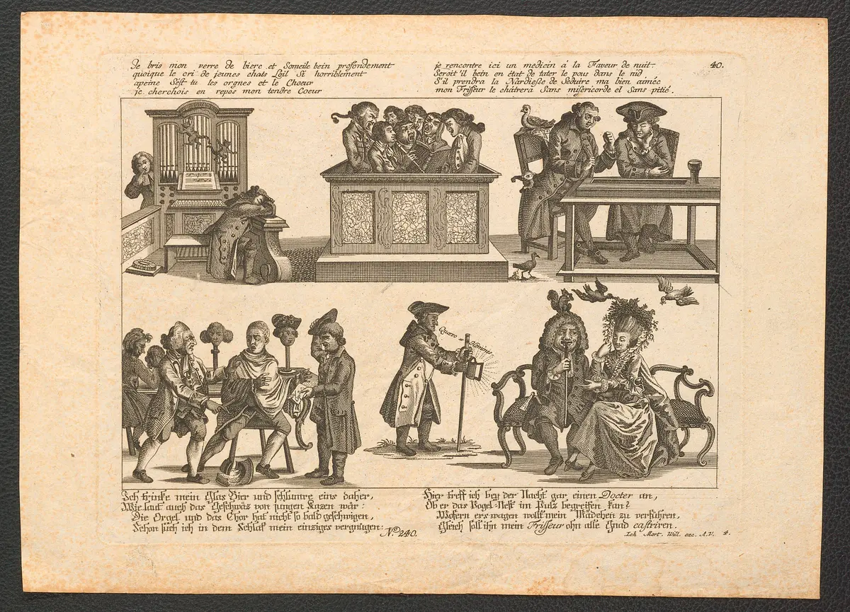 Ich trinke mein Glas Bier und schlumre eins daher / Wie laut auch das Geschwäz von jungen Kazen wär [...], Weiterer Titel: Je bris mon verre de biere et Someile bein profondement / quoique le cri de jeunes chats Loil Si horriblement [...]
