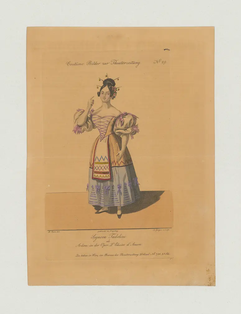 Eugenia Tadolini, Titel der Serie: Costume-Bild, Name der Zeitschrift: Wiener Theaterzeitung, Verweis auf Stücktitel: L'elisir d'amore, Titel in Vorlageform: L'Elisire d'Amore
