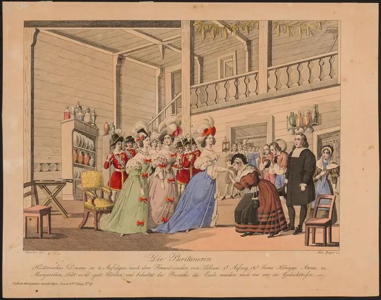 Die Puritanerin, Titel der Serie: Gallerie interessanter und drolliger Scenen, Name der Zeitschrift: Wiener Theaterzeitung