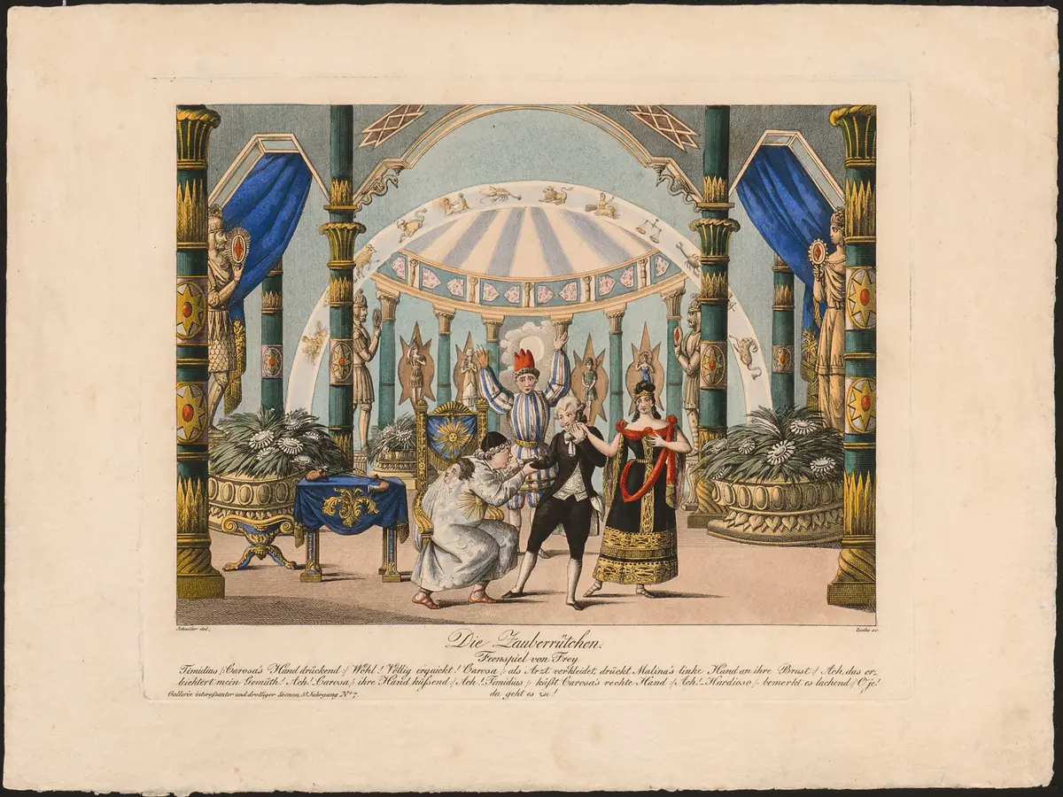 Die Zauberrüthchen oder die Liebhaber als Bettelmusikanten, Alternativtitel: Die Zauberrütchen, Titel der Serie: Gallerie interessanter und drolliger Scenen, Name der Zeitschrift: Wiener Theaterzeitung
