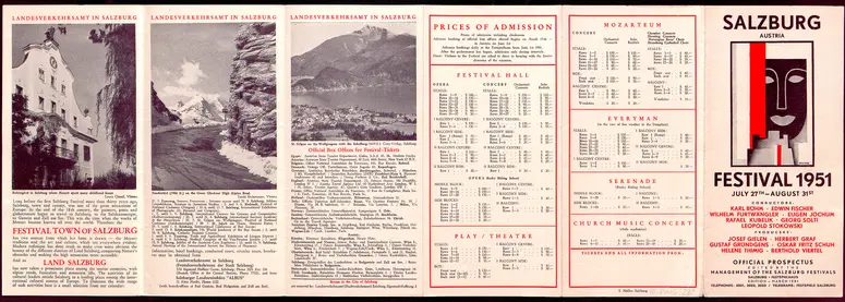 Salzburger Festspiele 1951, Titel in Vorlageform: Salzburg Festival 1951, Verweis auf Stücktitel: Wozzeck, Verweis auf Stücktitel: Idomeneo, Verweis auf Stücktitel: Zauberflöte, Verweis auf Stücktitel: Othello, Verweis auf Stücktitel: Jedermann, Verweis auf Stücktitel: Der zerbrochene Krug, Verweis auf Stücktitel: Wie es euch gefällt