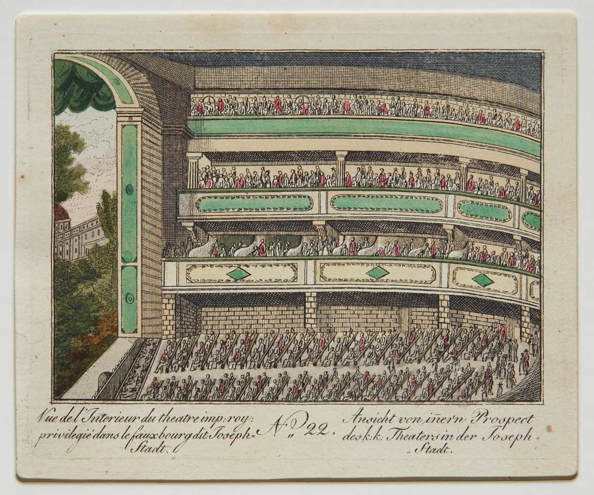 Wien, Theater in der Josefstadt, Titel in Vorlageform: Ansicht von innern Prospect des k:k: Theaters in der Joseph-Stadt, Titel in Vorlageform: Vue de l'Interieur du theatre imp: roy: privilegié dans le fauxburg dit: Joseph-Stadt, Titel der Serie: Ansichten-Sammlung der Berühmtesten Palläste, Gebäude und der Schönsten Gegenden vor und um Wien