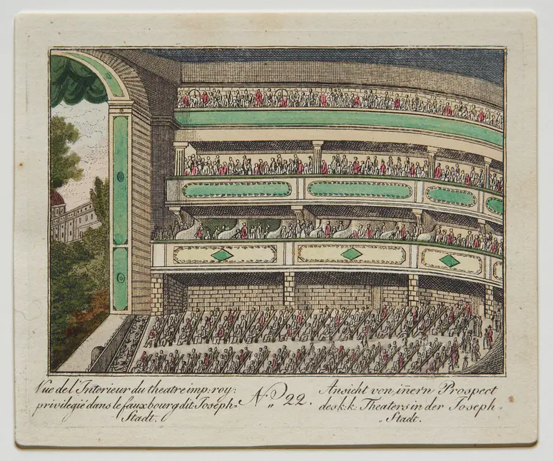Wien, Theater in der Josefstadt, Titel in Vorlageform: Ansicht von innern Prospect des k:k: Theaters in der Joseph-Stadt, Titel in Vorlageform: Vue de l'Interieur du theatre imp: roy: privilegié dans le fauxburg dit: Joseph-Stadt, Titel der Serie: Ansichten-Sammlung der Berühmtesten Palläste, Gebäude und der Schönsten Gegenden vor und um Wien