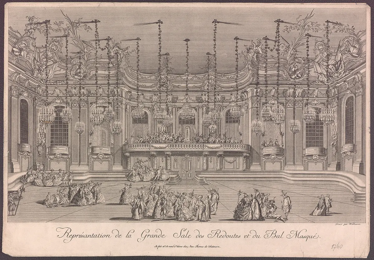 Wien, Redoutensaal, Titel in Vorlageform: Représentation de la Grande Sale des Redoutes et du Bal Masqué.