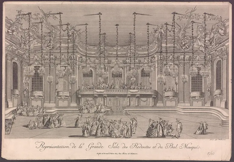 Wien, Redoutensaal, Titel in Vorlageform: Représentation de la Grande Sale des Redoutes et du Bal Masqué.