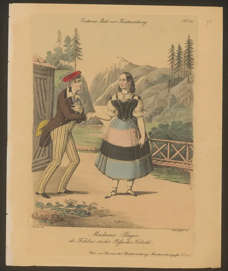 Der Kobold, Alternativtitel: Der Kobold oder Staberl im Feendienst, Titel in Vorlageform: Madame Jäger als Fidelia in der Posse der Kobold, Titel der Serie: Costume-Bild, Name der Zeitschrift: Wiener Theaterzeitung