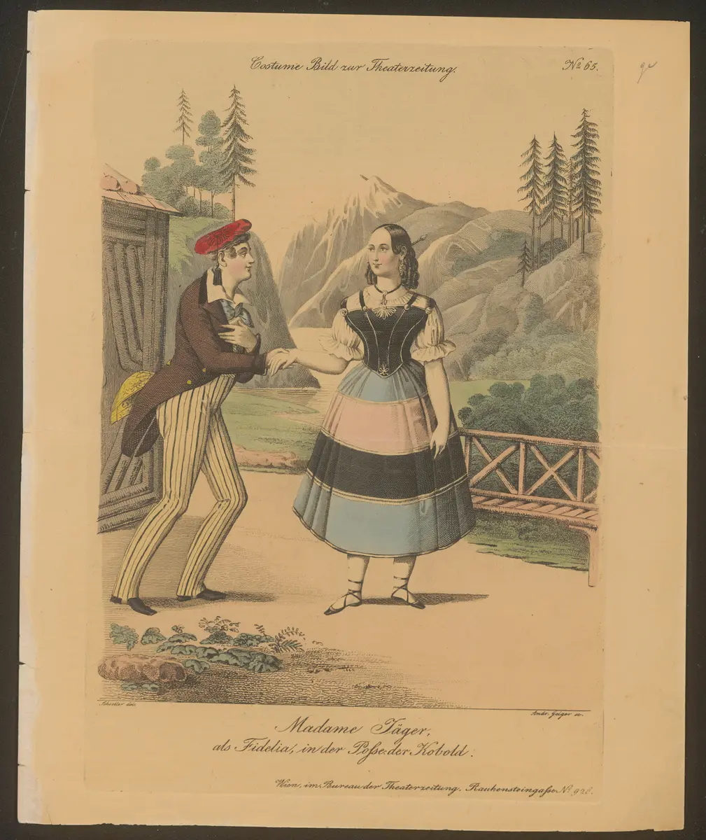 Der Kobold, Alternativtitel: Der Kobold oder Staberl im Feendienst, Titel in Vorlageform: Madame Jäger als Fidelia in der Posse der Kobold, Titel der Serie: Costume-Bild, Name der Zeitschrift: Wiener Theaterzeitung