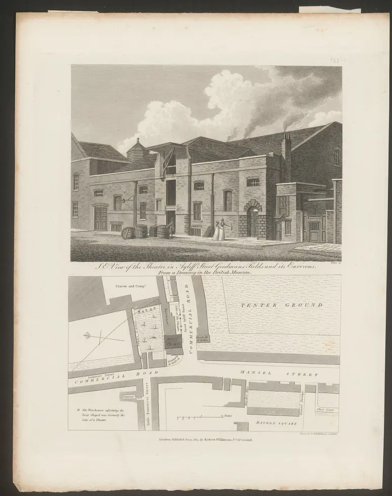 London, Goodman's Fields Theatre, Titel in Vorlageform: S.E. View of the Theatre in Ayliff Street Goddmans Fields and its Environs., Titel der Serie: Londina Illustrata