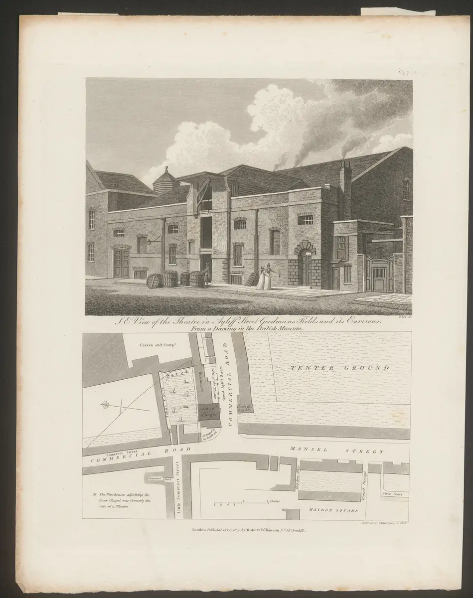 London, Goodman's Fields Theatre, Titel in Vorlageform: S.E. View of the Theatre in Ayliff Street Goddmans Fields and its Environs., Titel der Serie: Londina Illustrata