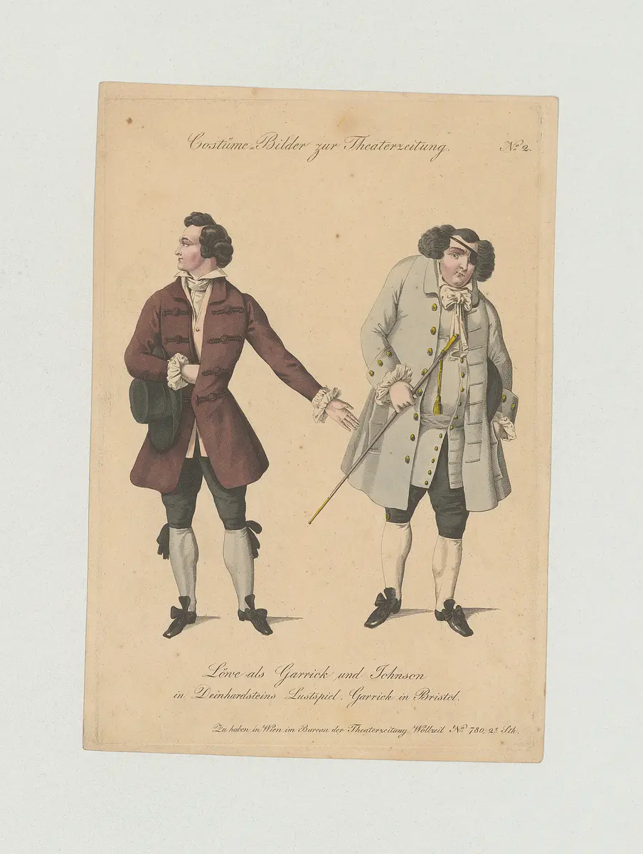 Ludwig Löwe, Titel der Serie: Costume-Bild, Name der Zeitschrift: Wiener Theaterzeitung, Verweis auf Stücktitel: Garrick in Bristol