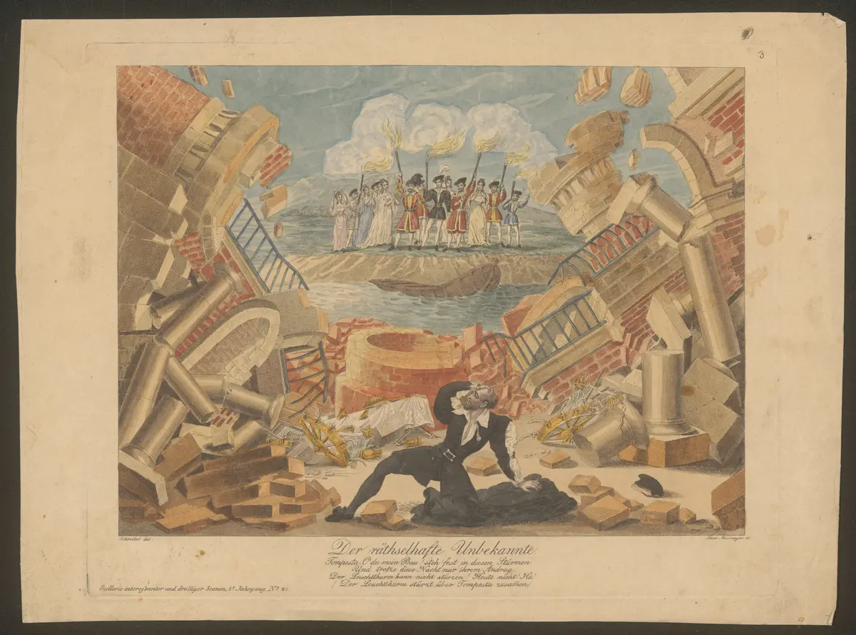 Der räthselhafte Unbekannte, Alternativtitel: Der rätselhafte Unbekannte oder der Zweikampf zu Portici, Titel der Serie: Gallerie interessanter und drolliger Scenen, Name der Zeitschrift: Wiener Theaterzeitung