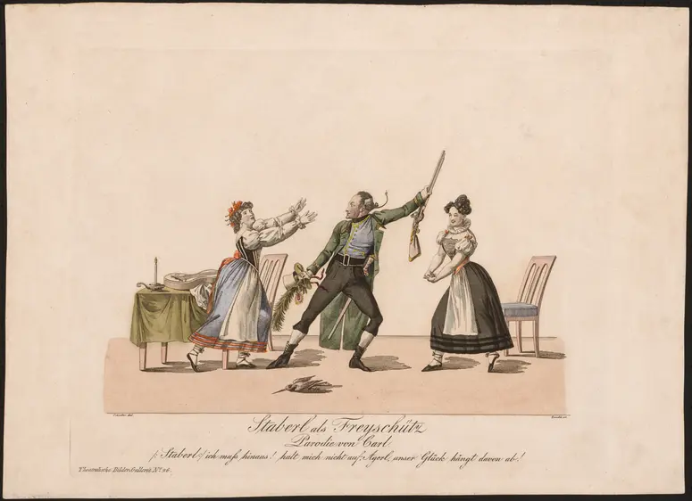 Staberl als Freyschütz, Titel der Serie: Theatralische Bilder-Gallerie, Name der Zeitschrift: Wiener Theaterzeitung
