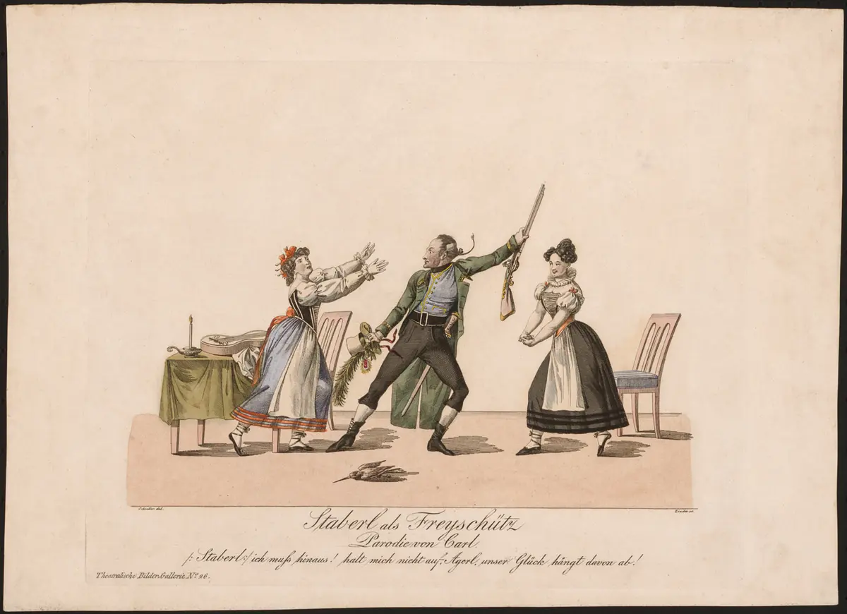 Staberl als Freyschütz, Titel der Serie: Theatralische Bilder-Gallerie, Name der Zeitschrift: Wiener Theaterzeitung