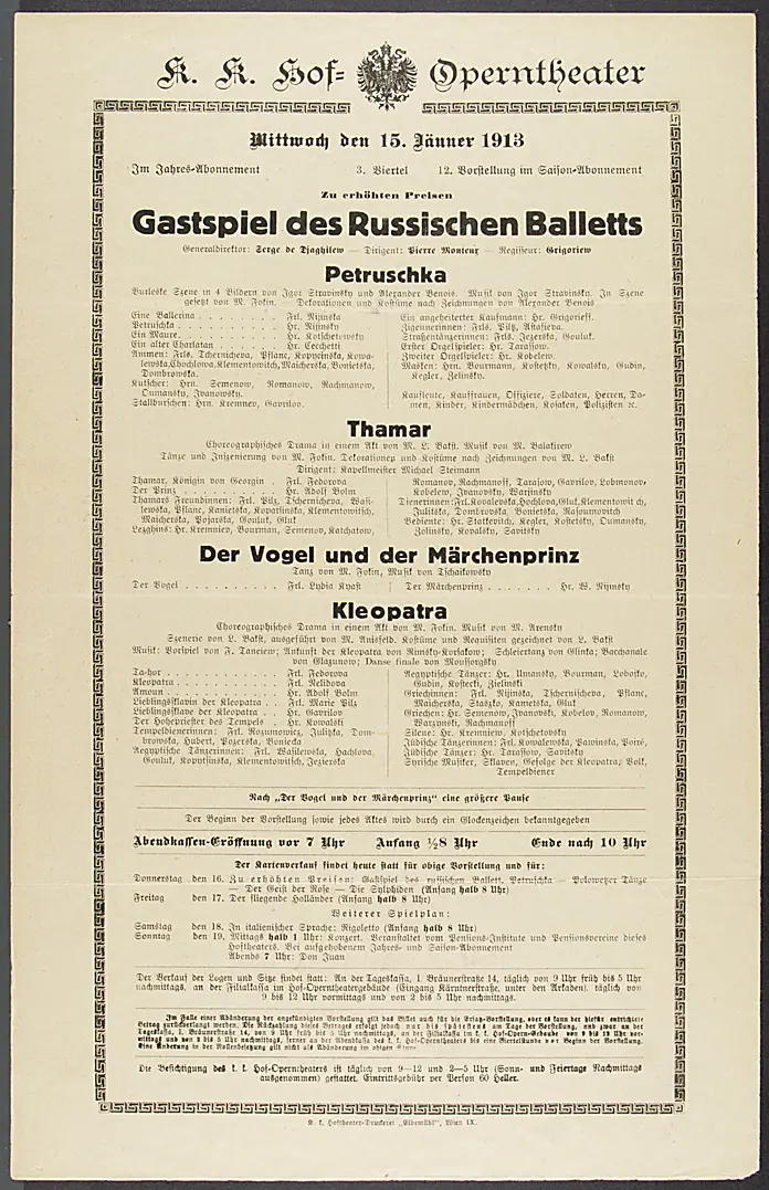 Russisches Ballett, Alternativtitel: Ballets Russes, Verweis auf Stücktitel: Petruschka, Verweis auf Stücktitel: Thamar, Verweis auf Stücktitel: Der Vogel und der Märchenprinz, Verweis auf Stücktitel: Kleopatra