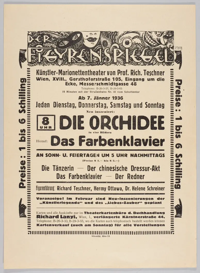 Der Figurenspiegel, Verweis auf Stücktitel: Die Orchidee, Verweis auf Stücktitel: Das Farbenklavier, Verweis auf Stücktitel: Die Tänzerin / Die bunte Tänzerin, Verweis auf Stücktitel: Dressurakt / Chinesischer Dressurakt, Verweis auf Stücktitel: Der Redner