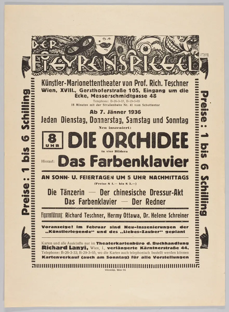 Der Figurenspiegel, Verweis auf Stücktitel: Die Orchidee, Verweis auf Stücktitel: Das Farbenklavier, Verweis auf Stücktitel: Die Tänzerin / Die bunte Tänzerin, Verweis auf Stücktitel: Dressurakt / Chinesischer Dressurakt, Verweis auf Stücktitel: Der Redner
